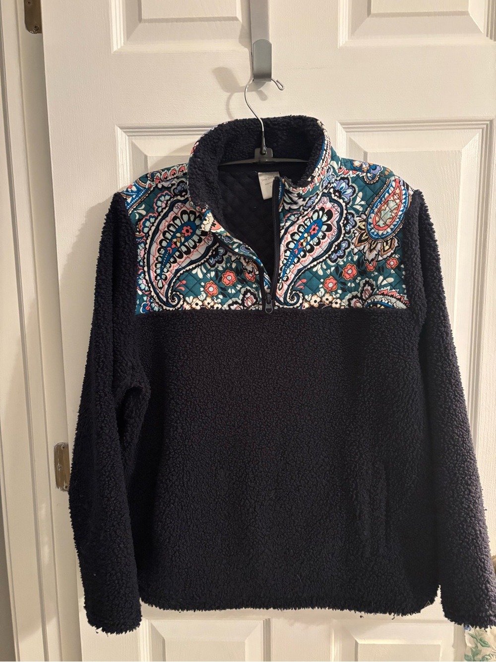 Vera Bradley Navy Sherpa Pullover with Teal Paisley Yoke Large